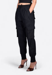 Close-up of model wearing premium wool high-waist joggers, East Vibe